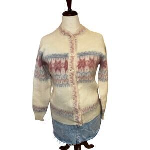 Vintage Icelandic Wool Sweater Nordic Fair Isle Knit Cardigan Made in UK XL